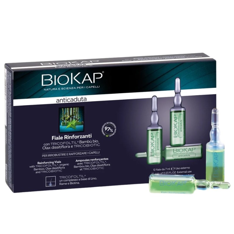 confezione di Biokap Anticaduta Rinforzante Tricobiotic Trattamento Anticaduta Capelli 12 Fiale da 7ml
