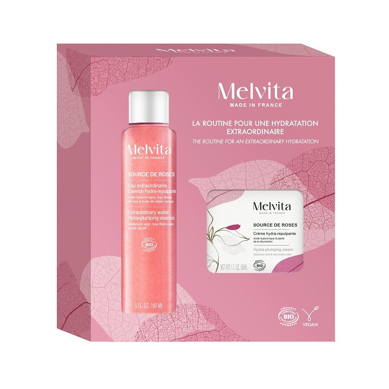 Melvita Source De Roses cofanetto idratante viso con acqua di rosa damascena e acido ialuronico essence 150ml + crema 50ml