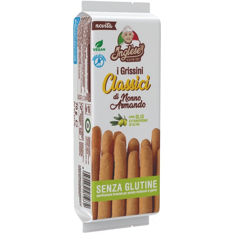 Inglese Grissino Lungo Olio Extravergine snack senza glutine e lattosio 70 g Inglese Grissino Lungo Olio Extravergine snack senza glutine e lattosio 70 g