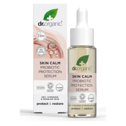 confezione e flacone di Dr Organic Skin Calm Probiotic Serum Siero Viso Pelle Secca 30ml
