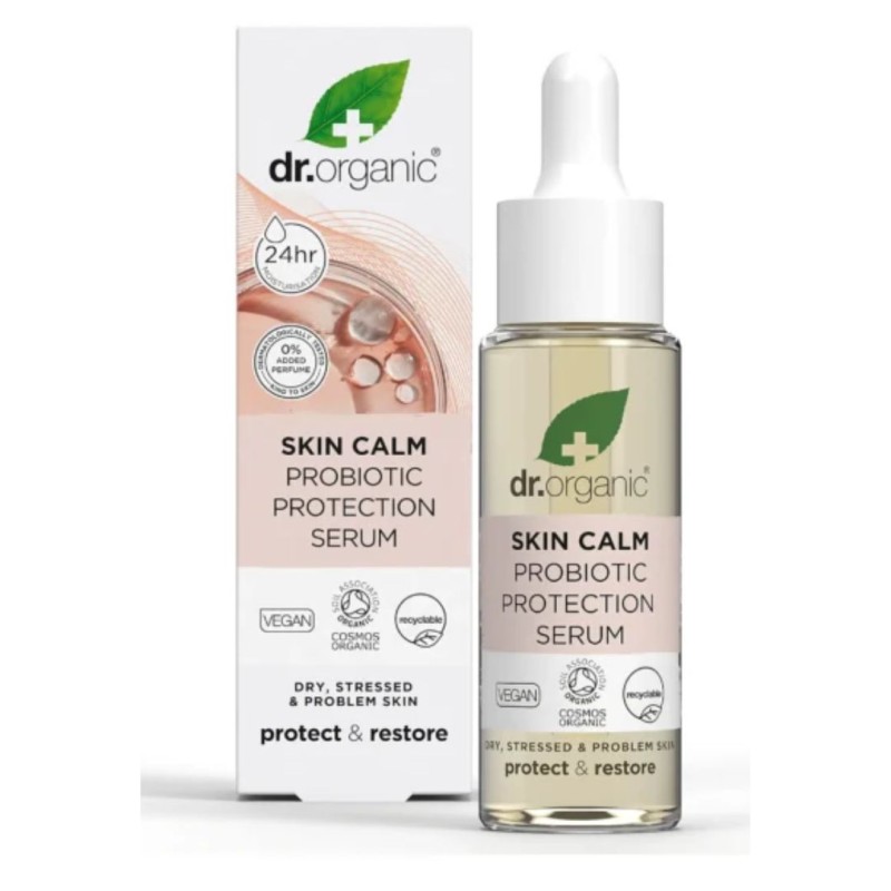 confezione e flacone di Dr Organic Skin Calm Probiotic Serum Siero Viso Pelle Secca 30ml
