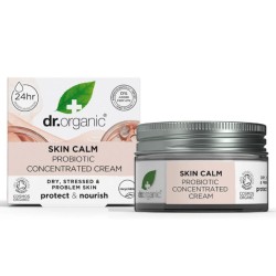 confezione e flacone di Dr Organic Skin Calm Probiotic Crema Concentrata Lenitiva Viso 50ml