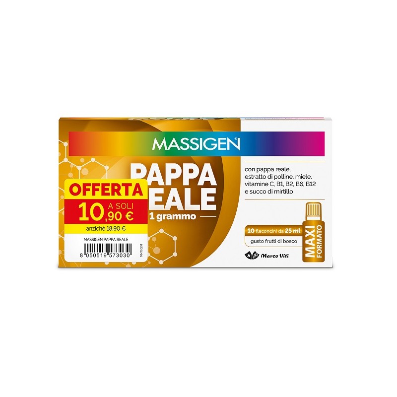 Massigen Pappa Reale integratore energia e vitalità 10 flaconcini da 25 ml Massigen Pappa Reale integratore energia e vitalità 10 flaconcini da 25 ml