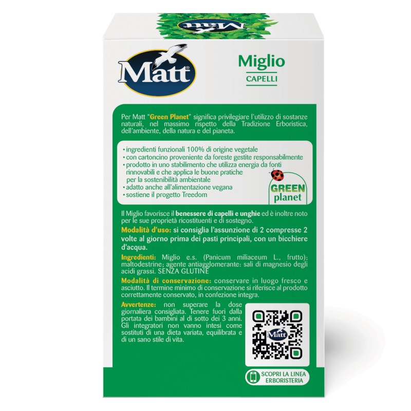 Retro Confezione di Matt Erboristeria Miglio integratore naturale per capelli e unghie 50 compresse Retro Confezione di Matt Erboristeria Miglio integratore naturale per capelli e unghie 50 compresse