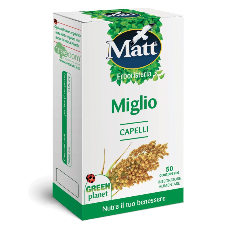 Lato Confezione di Matt Erboristeria Miglio integratore naturale per capelli e unghie 50 compresse Lato Confezione di Matt Erboristeria Miglio integratore naturale per capelli e unghie 50 compresse