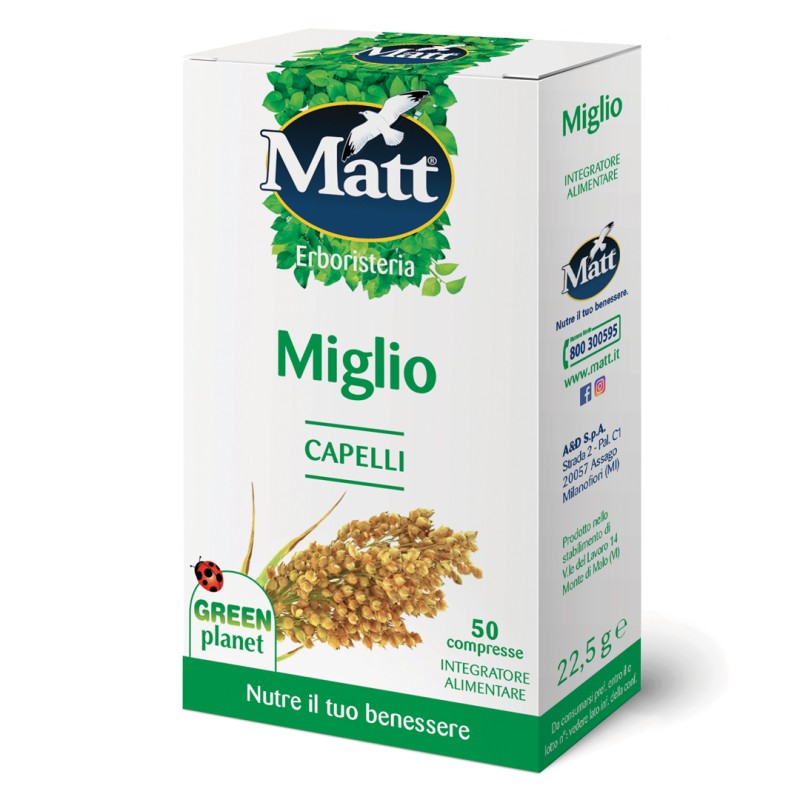 Lato Confezione di Matt Erboristeria Miglio integratore naturale per capelli e unghie 50 compresse Lato Confezione di Matt Erboristeria Miglio integratore naturale per capelli e unghie 50 compresse