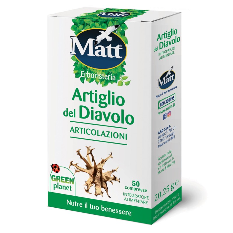 Lato Confezione di Matt Artiglio Del Diavolo integratore per articolazioni 50 compresse Lato Confezione di Matt Artiglio Del Diavolo integratore per articolazioni 50 compresse
