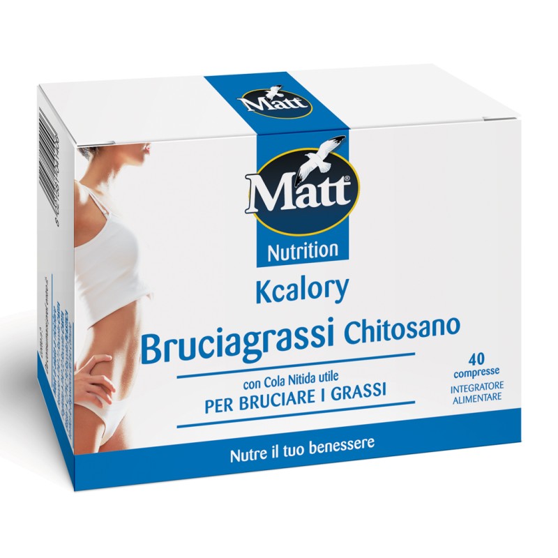 Lato Confezione di Matt Kcalory Chitosano integratore per controllo peso 40 compresse Lato Confezione di Matt Kcalory Chitosano integratore per controllo peso 40 compresse