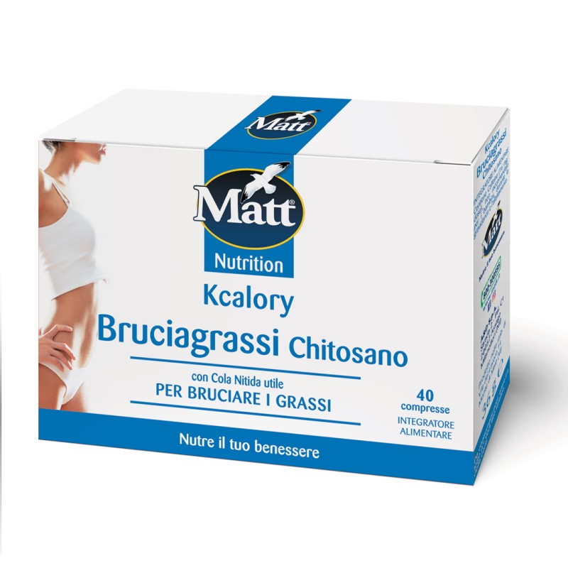 Lato Confezione di Matt Kcalory Chitosano integratore per controllo peso 40 compresse Lato Confezione di Matt Kcalory Chitosano integratore per controllo peso 40 compresse