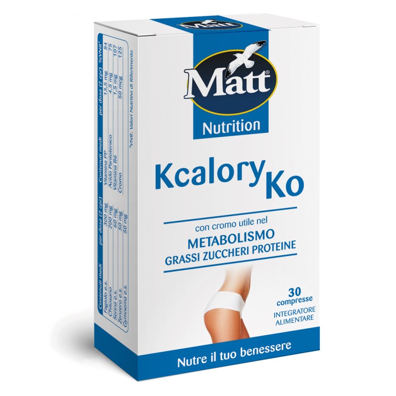 Lato Confezione Matt Kcalory Ko integratore per controllo peso 30 compresse Lato Confezione Matt Kcalory Ko integratore per controllo peso 30 compresse