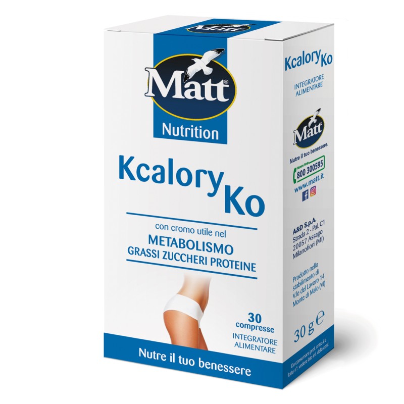 Lato Confezione Matt Kcalory Ko integratore per controllo peso 30 compresse Lato Confezione Matt Kcalory Ko integratore per controllo peso 30 compresse