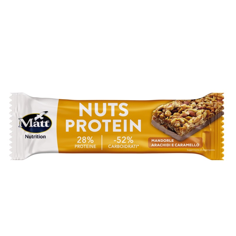 Confezione di Matt Nuts Protein Barretta Arachidi Caramello Mandorle snack proteico per energia e recupero 38g Confezione di Matt Nuts Protein Barretta Arachidi Caramello Mandorle snack proteico per energia e recupero 38g