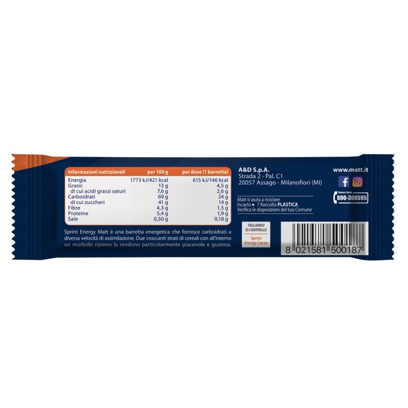 Retro Confezione Matt Sport Energy Sprint Cacao barretta energetica per sport 35g Retro Confezione Matt Sport Energy Sprint Cacao barretta energetica per sport 35g