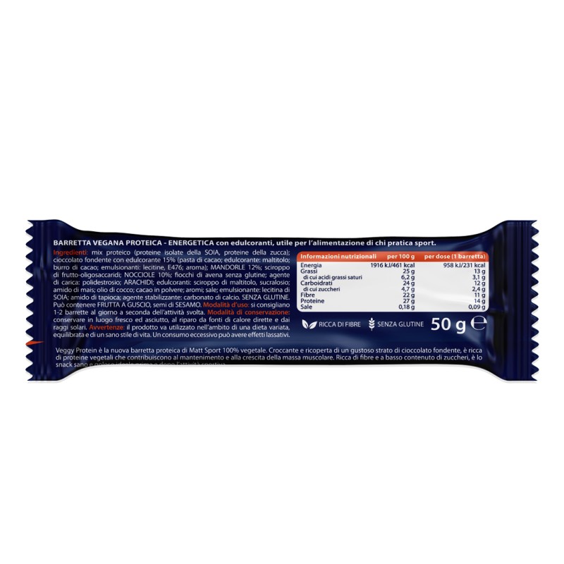 Retro Confezione Matt Veggy Protein 27% Barretta Proteica Mandorle e Nocciola 1 Pezzo Retro Confezione Matt Veggy Protein 27% Barretta Proteica Mandorle e Nocciola 1 Pezzo