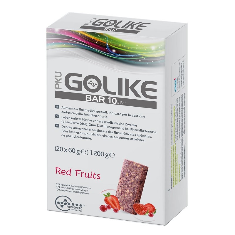 Pku Golike Bar 10g Pe Red Fruits per Fenilchetonuria, Senza Glutine e Lattosio, 20 Barrette da 60g