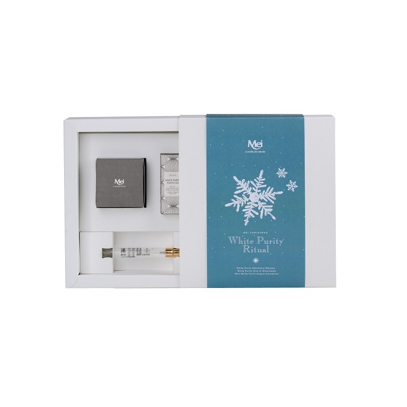 Mei Coffret White Purity Ritual Xmas Collection per Pelle Luminosa e Giovane Maschera 50ml + Olio 15ml + Acqua Aromatica 10ml