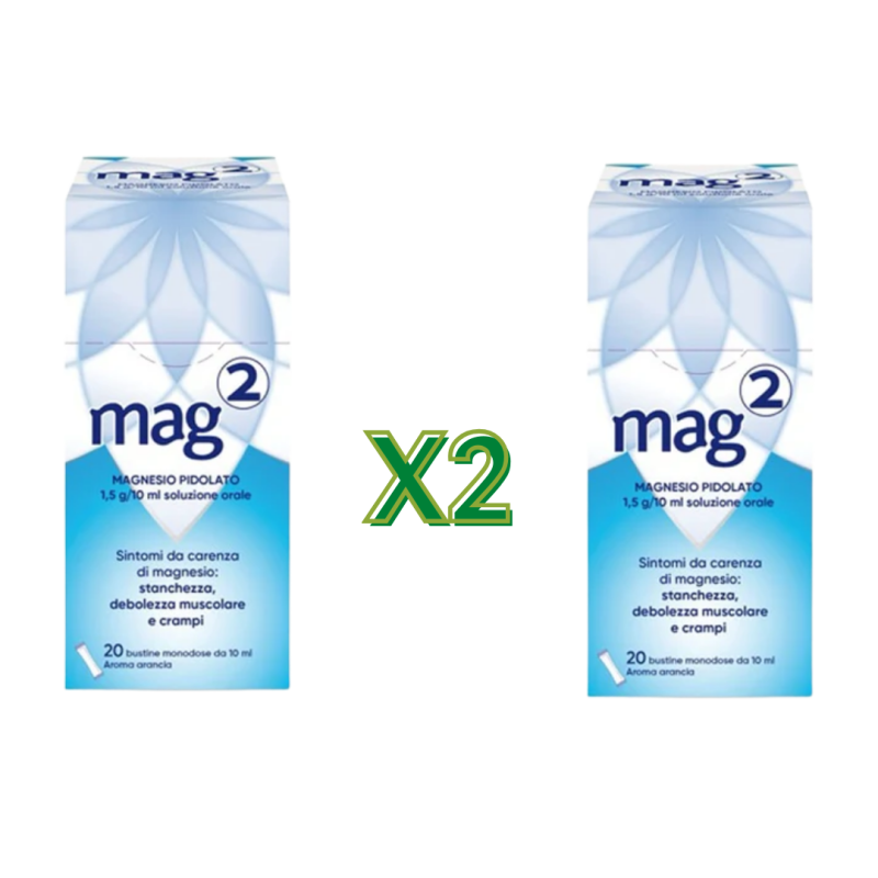 2 confezioni Mag 2 Integratore Alimentare di Magnesio per Benessere Muscolare e Nervoso 20 Bustine Monodose 2 confezioni Mag 2 Integratore Alimentare di Magnesio per Benessere Muscolare e Nervoso 20 Bustine Monodose