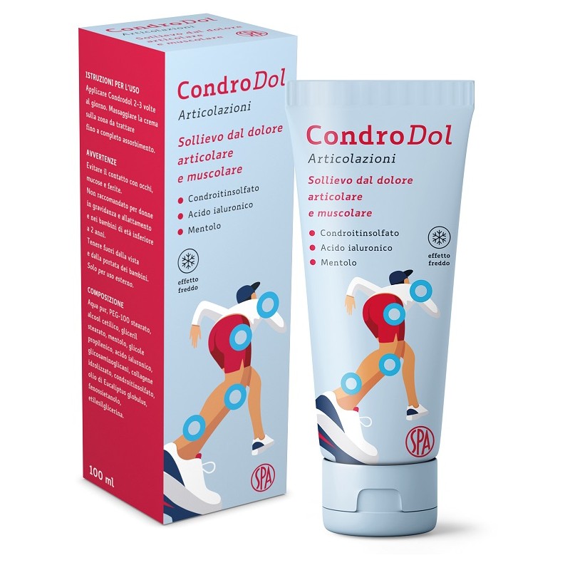 tubetto e scatola di Condrodol Articolazioni Crema per Dolori Articolari e Muscolari Effetto Freddo 100ml tubetto e scatola di Condrodol Articolazioni Crema per Dolori Articolari e Muscolari Effetto Freddo 100ml