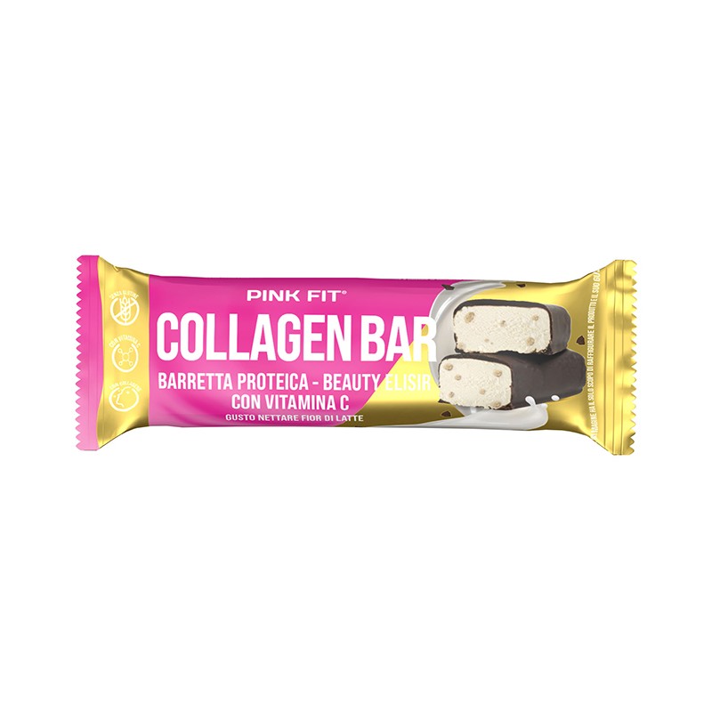 Pink Fit Collagen Bar Nettare Fior Di Latte snack proteico con collagene e vitamina C 1 barretta da 30 g Pink Fit Collagen Bar Nettare Fior Di Latte snack proteico con collagene e vitamina C 1 barretta da 30 g