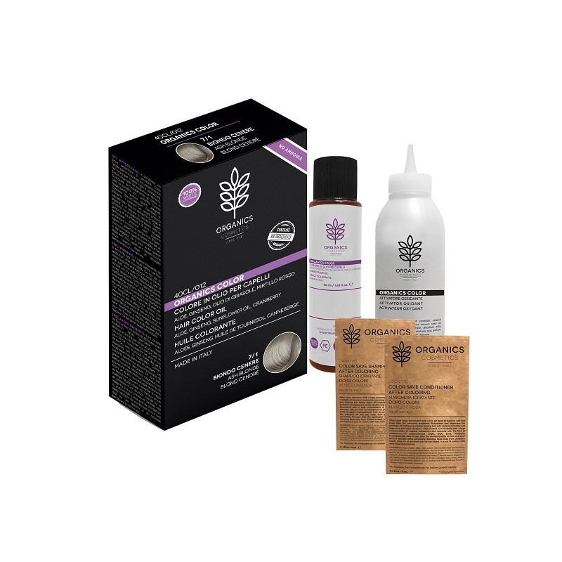 Organics Pharm Organics Color 7/1 Biondo Cenere per Copertura Capelli Bianchi 50 ml + 50 ml + 6 ml + 6 ml