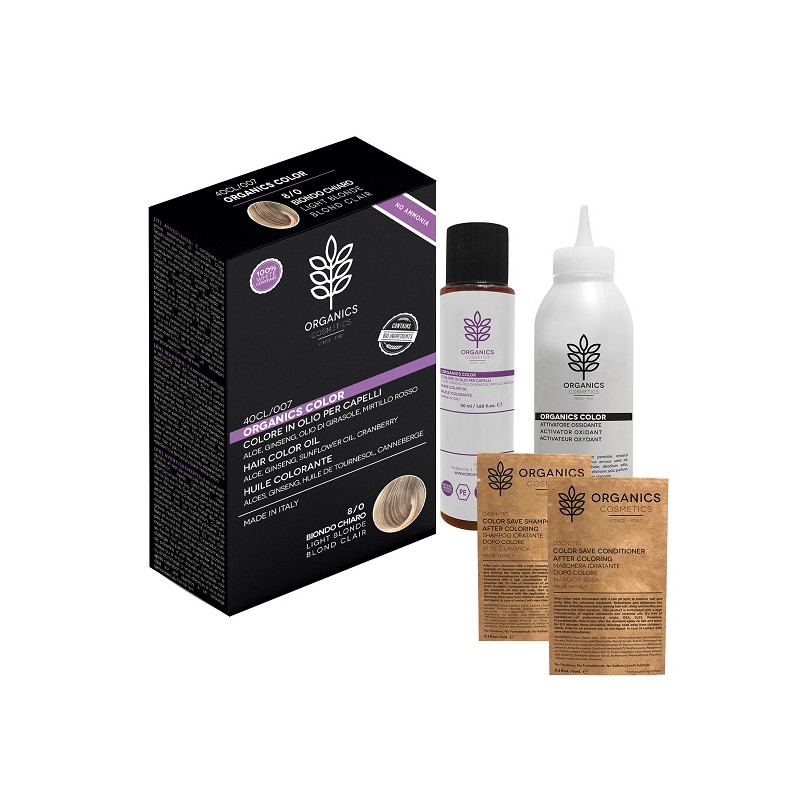 Organics Pharm Organics Color 8/0 Biondo Chiaro per Capelli Biondi Naturali e Luminosi Kit Completo Organics Pharm Organics Color 8/0 Biondo Chiaro per Capelli Biondi Naturali e Luminosi Kit Completo