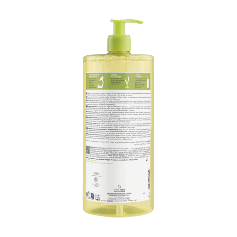 retro flacone di A-Derma Exomega Control Olio Lavante Emolliente Viso e Corpo 1000ml retro flacone di A-Derma Exomega Control Olio Lavante Emolliente Viso e Corpo 1000ml