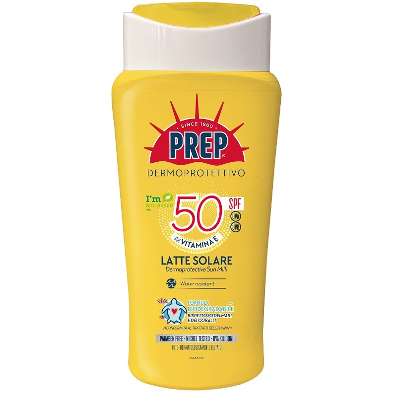 flacone di Prep Latte Solare per Viso e Corpo SPF50 Resistente all'Acqua 200ml flacone di Prep Latte Solare per Viso e Corpo SPF50 Resistente all'Acqua 200ml