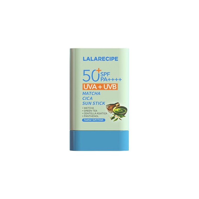 confezione di Lalarecipe Matcha Cica Sun Stick Protezione Solare Viso SPF50+ Anti-age Stick 20g