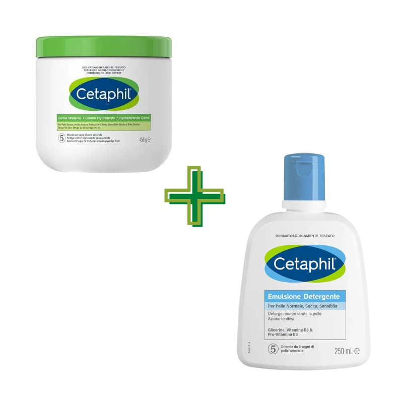 Cetaphil Crema Idratante 450g + Emulsione Detergente Viso 250 ml Cetaphil Crema Idratante 450g + Emulsione Detergente Viso 250 ml