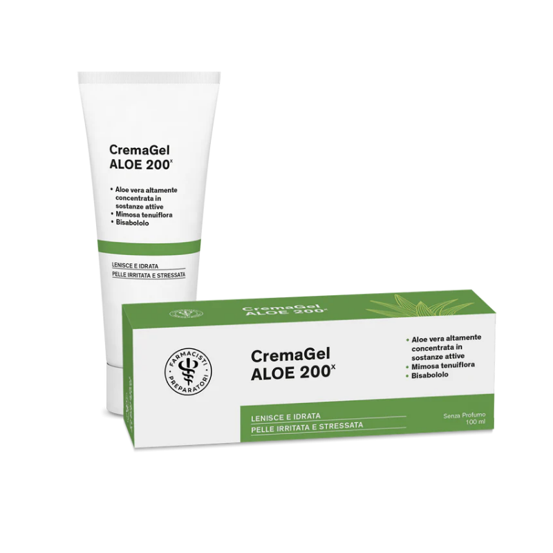 confezione di Unifarco Crema Gel Aloe 200x Lenitiva e Idratante 100ml confezione di Unifarco Crema Gel Aloe 200x Lenitiva e Idratante 100ml