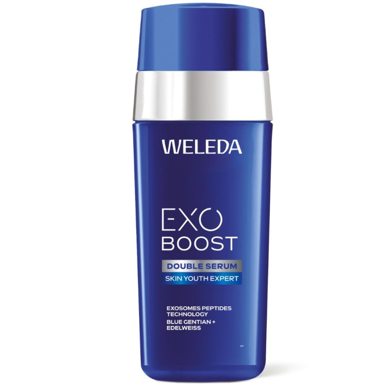 flacone di Weleda Exo Boost Siero Doppio Trattamento Viso Esosomi e Genziana Blu 30ml
