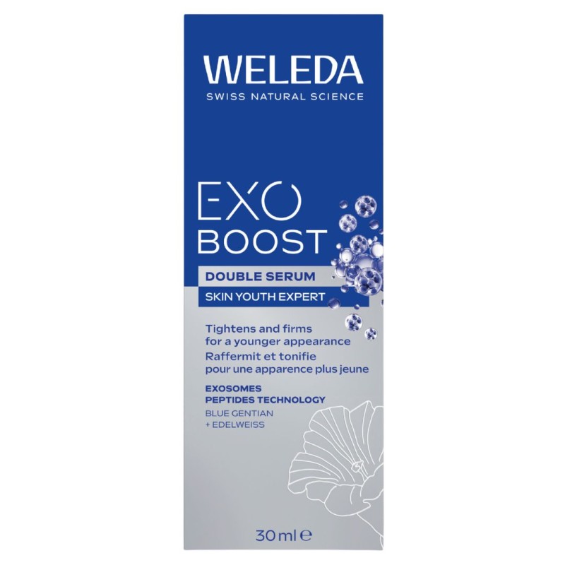 confezione di Weleda Exo Boost Siero Doppio Trattamento Viso Esosomi e Genziana Blu 30ml