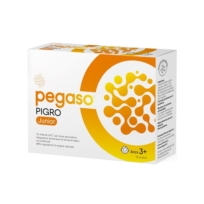 confezione di Pegaso Pigro Junior Integratore Fermenti Lattici per Intestino 3+ Anni 14 Bustine
