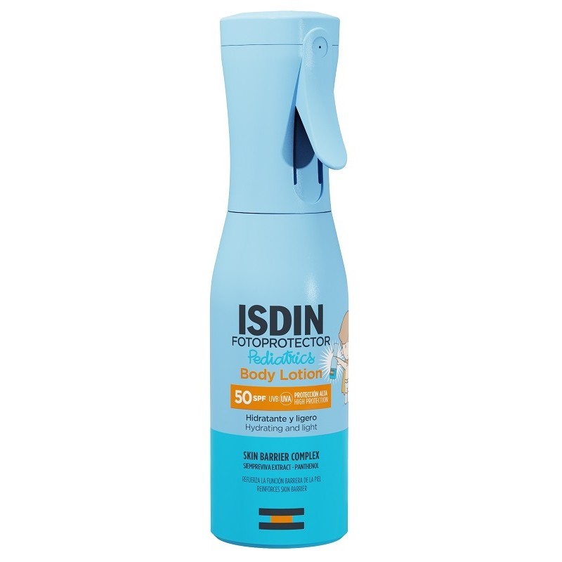 flacone di Isdin Pediatrics Body Lotion SPF50 Protezione Solare Bambini Pelle Sensibile 250ml