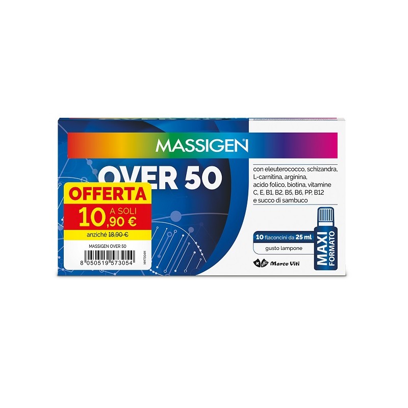 Massigen Over 50 integratore per energia e concentrazione over 50 10 flaconcini da 25ml Massigen Over 50 integratore per energia e concentrazione over 50 10 flaconcini da 25ml