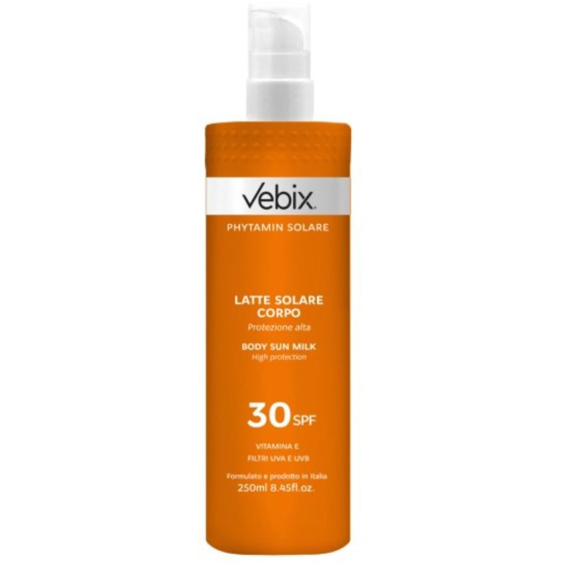 flacone di Vebix Phytamin Latte Solare Corpo e Viso SPF30 Pelle Chiara e Sensibile 250ml flacone di Vebix Phytamin Latte Solare Corpo e Viso SPF30 Pelle Chiara e Sensibile 250ml
