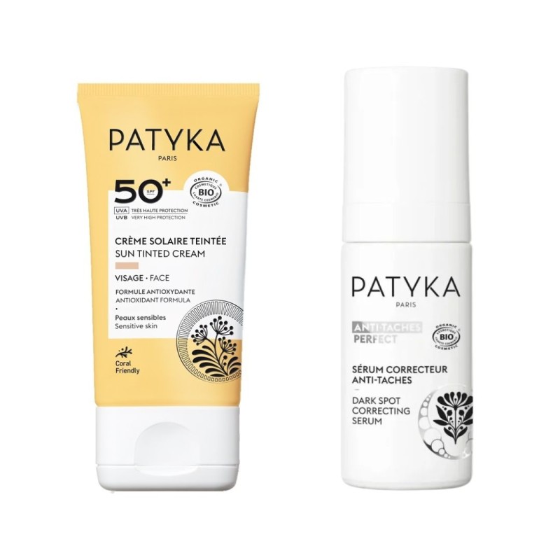 confezione di Patyka Cofanetto con Siero Correttore Anti Macchie 30ml + Crema Solare Colorata SPF50+ 40ml