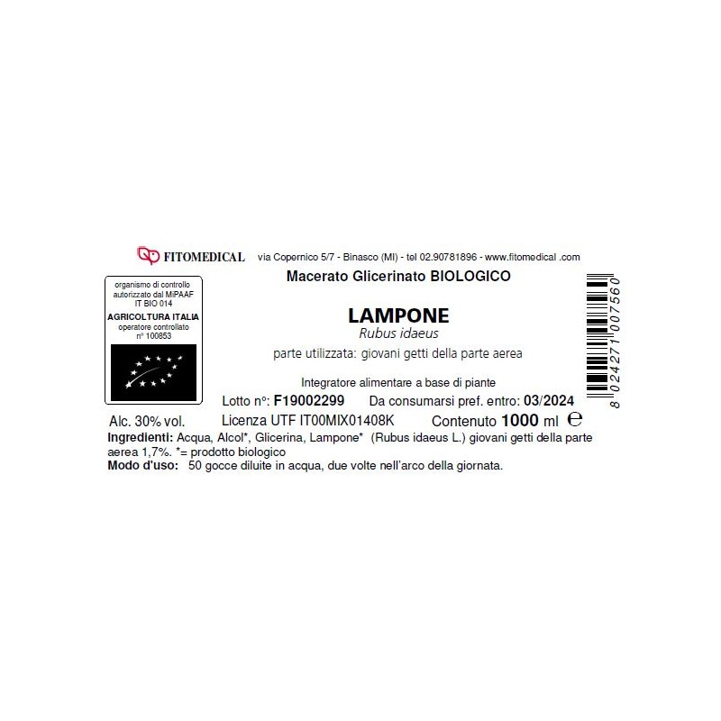 Fitomedical Lampone Macerato Glicerico per Benessere Femminile 1000 Ml Bio