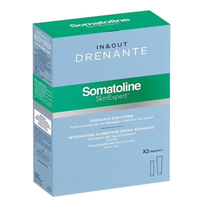 confezione di Somatoline Skin Expert In e Out Trattamento Corpo Drenante 20 Stick + Crema 250ml