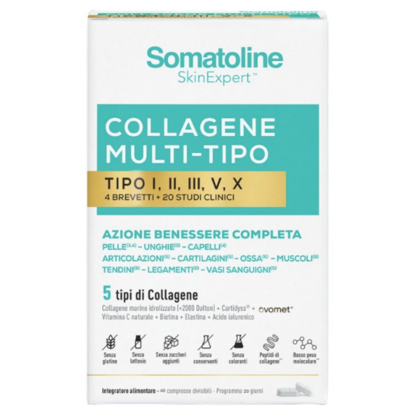 confezione di Somatoline Skin Expert Collagene Multi Tipo Integratore Capelli Pelle e Unghie 40 Compresse