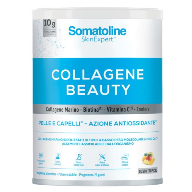 barattolo di Somatoline Skin Expert Collagene Beauty Integratore Pelle Gusto Tropical Polvere 198g