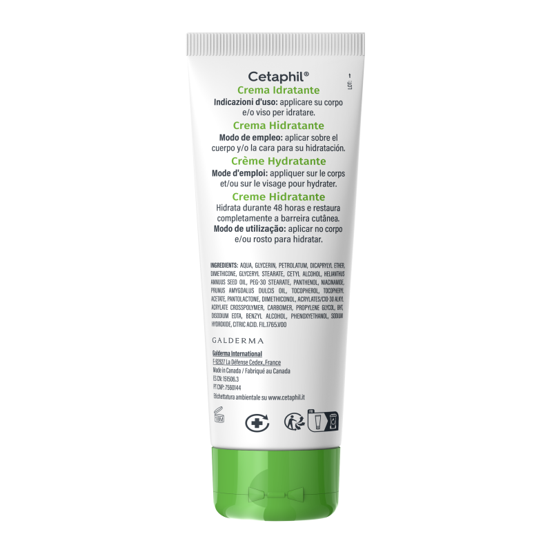 retro confezione Cetaphil Crema Idratante per Pelle Secca e Sensibile 100g retro confezione Cetaphil Crema Idratante per Pelle Secca e Sensibile 100g