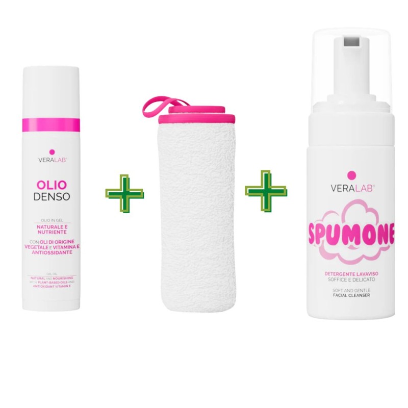 Veralab Kit La Doppia Detersione per Pulizia Profonda Viso Olio 80ml + Spumone 100ml + Pouch
