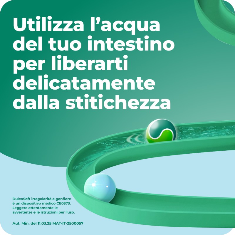 infografica informativa Dulcosoft Irregolarità e Gonfiore Lassativo Delicato per Stitichezza 200g