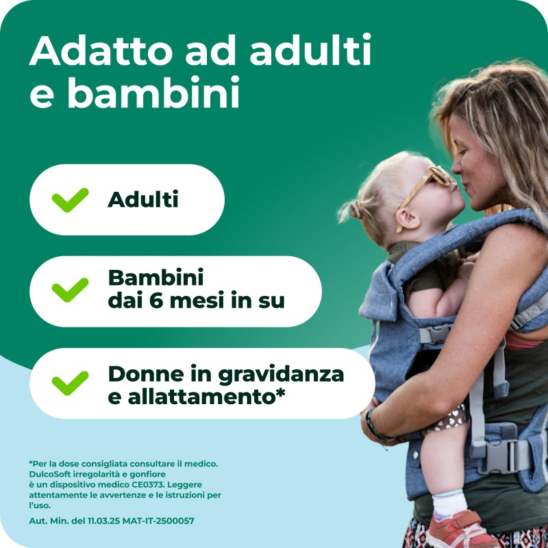 Infografica a chi è adatto Dulcosoft Irregolarità e Gonfiore Lassativo Delicato per Stitichezza 200g