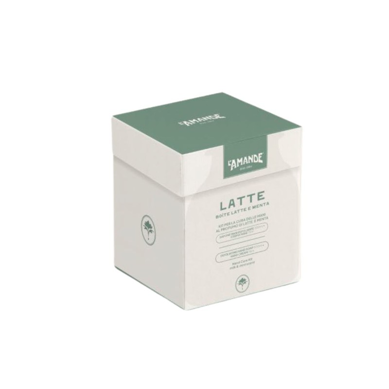 Formato di L'Amande Kit Cura per la Cura delle Mani Latte e Menta Sapone Esfoliante 250 ml + Crema Mani 75 ml