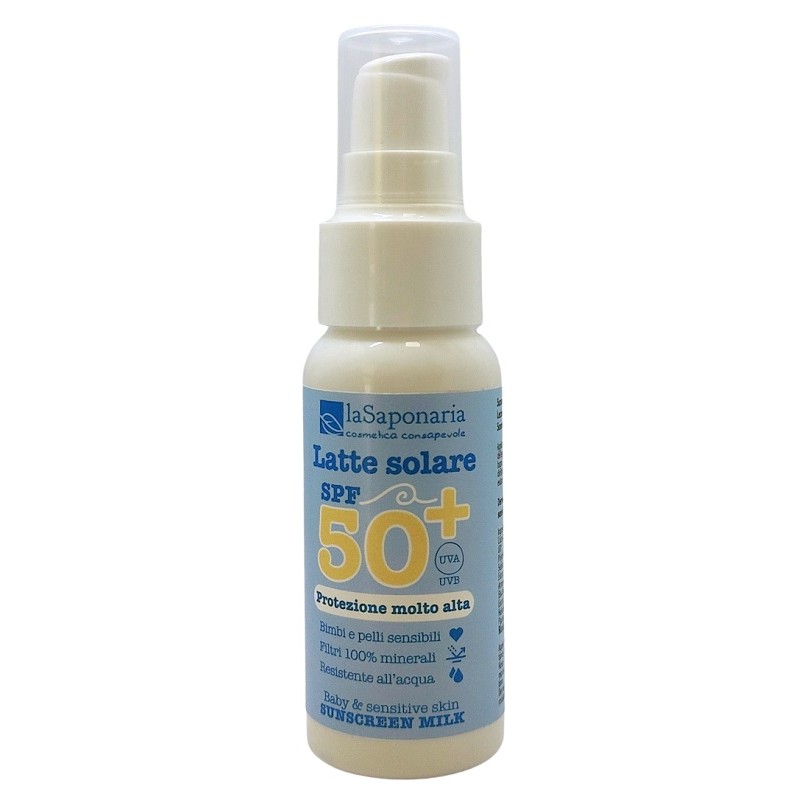 Flacone di La Saponaria Latte Solare SPF50+ Protezione Molto Alta Bimbi e Pelli Sensibili 50 ml Flacone di La Saponaria Latte Solare SPF50+ Protezione Molto Alta Bimbi e Pelli Sensibili 50 ml