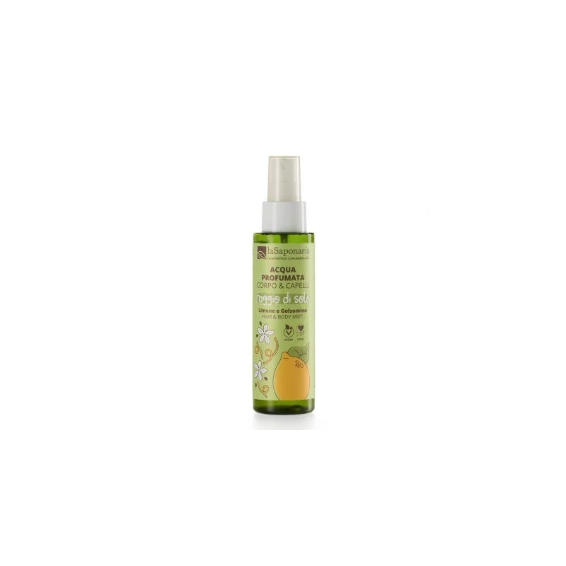Flacone di La Saponaria Raggio di Sole Limone e Gelsomino Acqua Profumata Corpo e Capelli 100 ml Flacone di La Saponaria Raggio di Sole Limone e Gelsomino Acqua Profumata Corpo e Capelli 100 ml