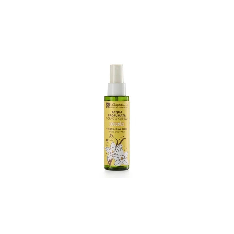 Flacone di La Saponaria Coccola Acqua Profumata Vaniglia e Fava Tonka per Corpo e Capelli 100 ml Flacone di La Saponaria Coccola Acqua Profumata Vaniglia e Fava Tonka per Corpo e Capelli 100 ml