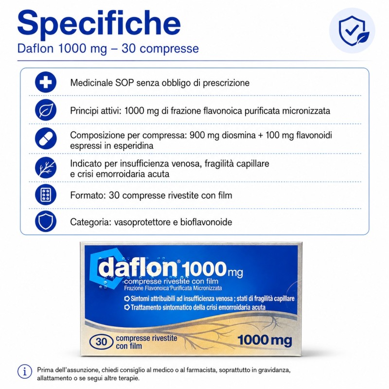 Specifiche di Daflon 1000mg per Insufficienza Venosa ed Emorroidi 30 Compresse